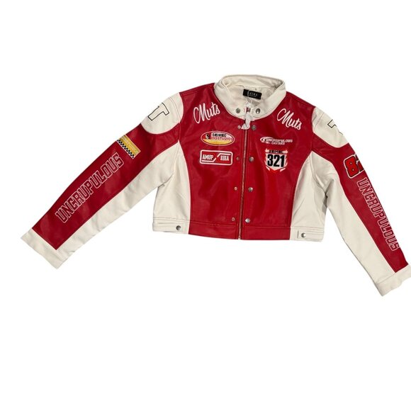REV IT UP RACING MOTO IN RED Muts Ungenerous Studios faux Leather Racer Jacket W - Picture 2 of 6